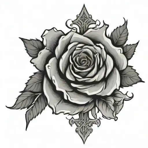 rose and cross surrounded tattoo design idea