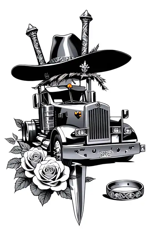 braveheart sword Scottish Akubra hat surrounded by roses and kenworth trucks wedding ring trampoline tattoo design idea