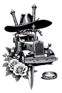 braveheart sword Scottish Akubra hat surrounded by roses and kenworth trucks wedding ring trampoline tattoo design idea