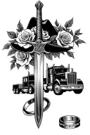braveheart sword Scottish Akubra hat surrounded by roses and kenworth trucks wedding ring trampoline tattoo design idea
