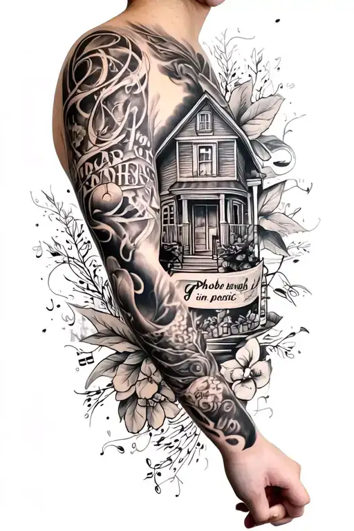  A sleeve tatto on one arm , busy,detailed, Music note,a house, names=phoebe harri seb, the word porcshe, gin and tonic  tattoo design idea