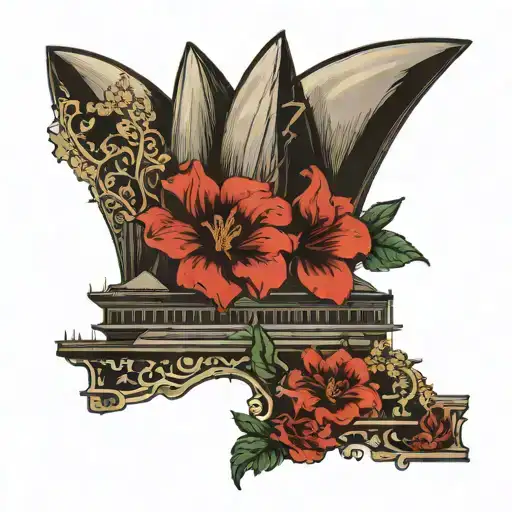 side view of sydney opera house with aborinal flowers tattoo design idea
