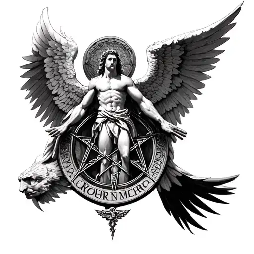 Archangel Michael Protecting A Life with a pentacle of 7 Archangels tattoo design idea