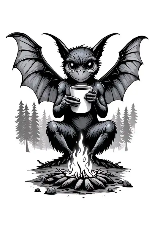cute mothman drinking coffee in a forest, campfire scene tattoo design idea
