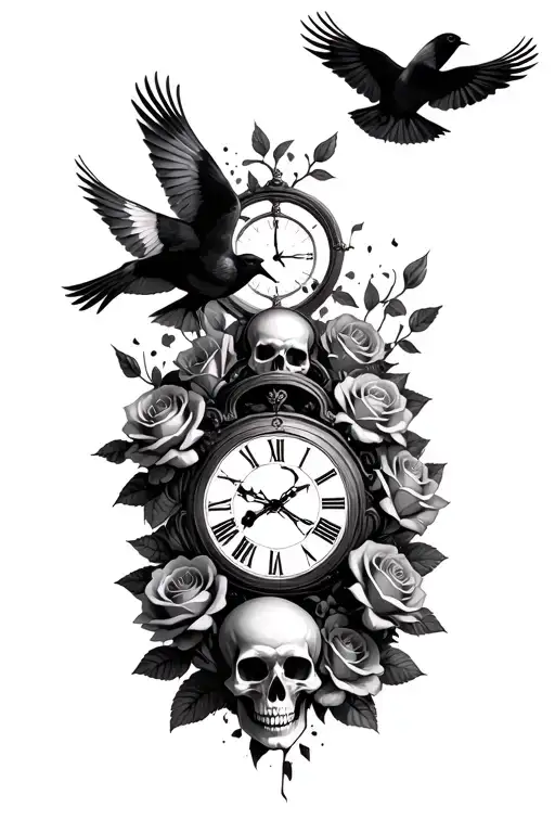 birds flying out of a broken clock surrounded by roses and skulls tattoo design idea