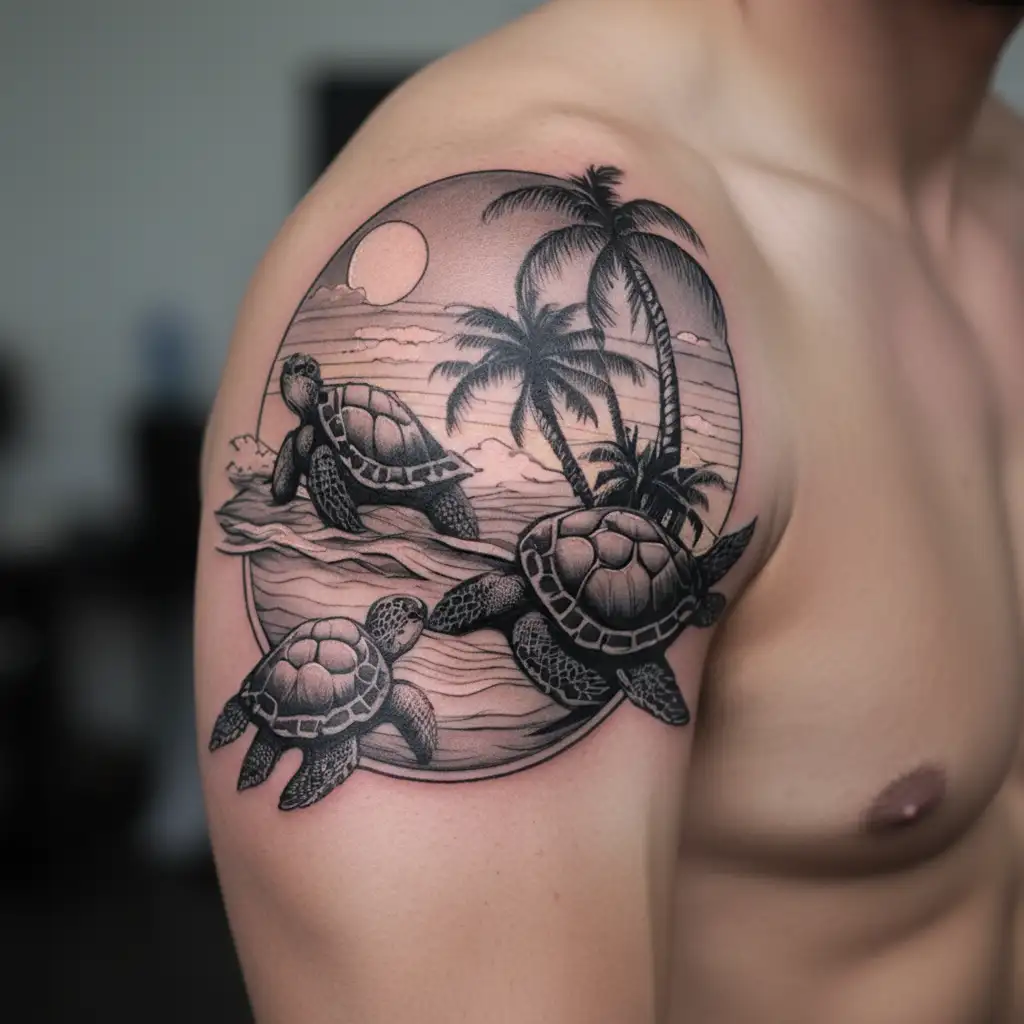 palm tree beach scene with a sunset, two small sea turtles coming out of the surf tattoo design idea