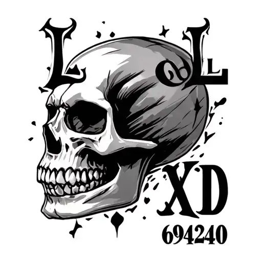 very detailed skull and a text 'LOL XD 69420' tattoo design idea