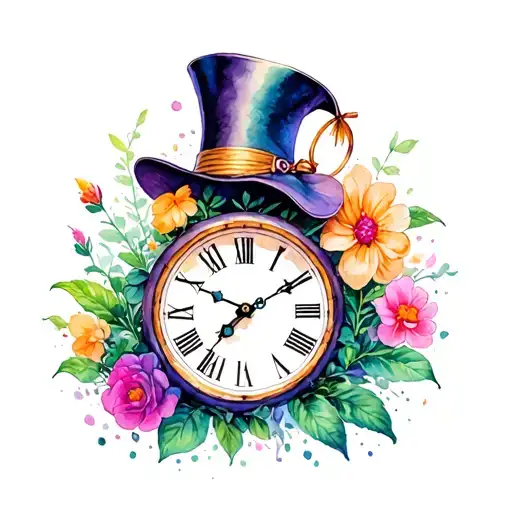 alice in wonderland hat clock plant tattoo design idea