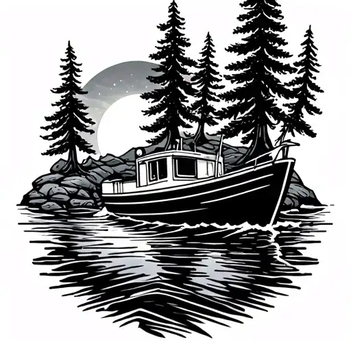 A black and white traditional tattoo of a small RIB boat on the sea with pine trees on rocky shores and a rising sun  tattoo design idea