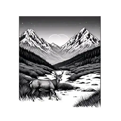 mountains deer streams field durning sunset tattoo design idea