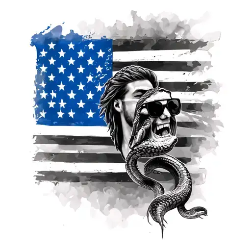 black & white American flag backround. Keystone light beer foreground in color with mullet & pit viper shades on.  tattoo design idea
