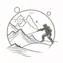 ninja in action with mountain and moon in background sketchy style tattoo design idea