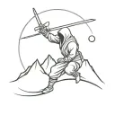 ninja in action with mountain and moon in background sketchy style tattoo design idea