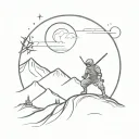 ninja in action with mountain and moon in background sketchy style tattoo design idea