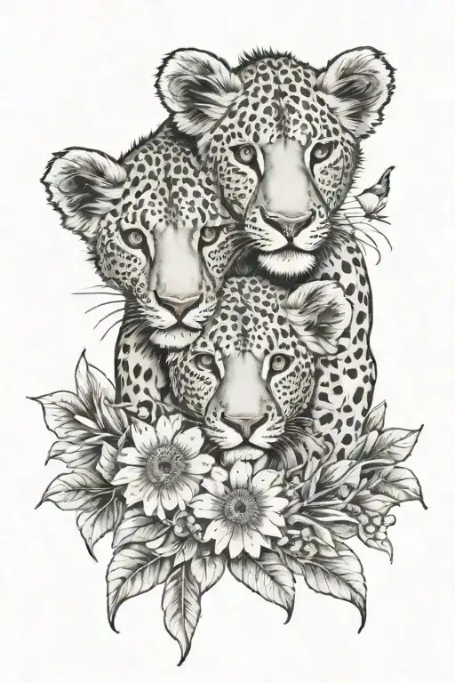 2 lion cubs, clovers, daisies, berries, fruit, pohutukawa, passionflower, guava, passionfruit, vines, birds of paradise tattoo design idea