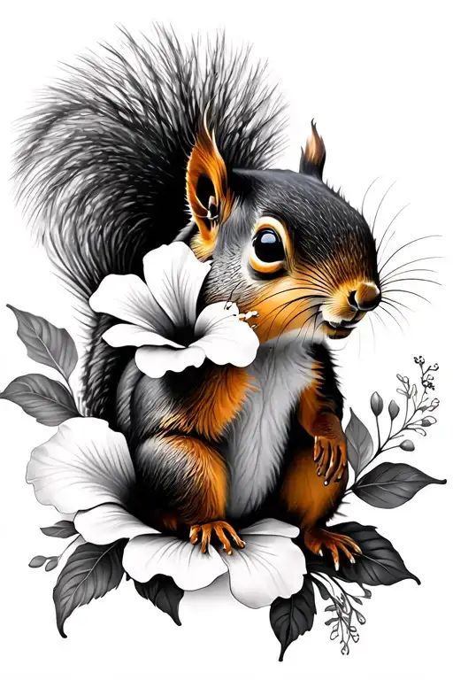 squirrel and hibiscus flowers tattoo design idea