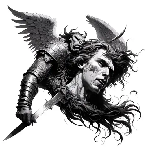 angel warrior stabbing demon in the head tattoo design idea