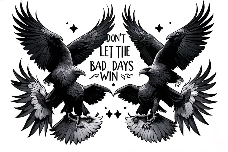 "Don't let the bad days win" in legible font accompanied by four small, solid black eagle silhouettes tattoo design idea
