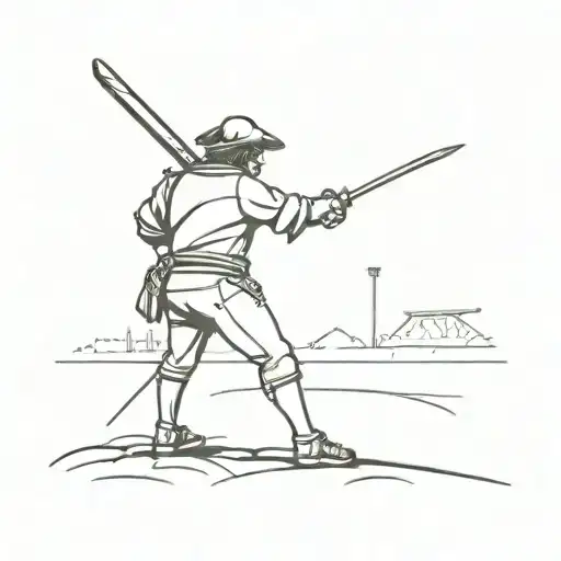 musketeer with sword in hand looking at the Corinthians stadium in São Paulo tattoo design idea