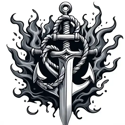 anchor, love, sword intertwined, fire and water tattoo design idea