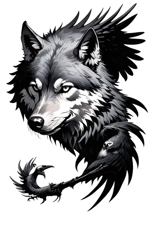 Phönix, Wolf, Raven, Battle scene tattoo design idea