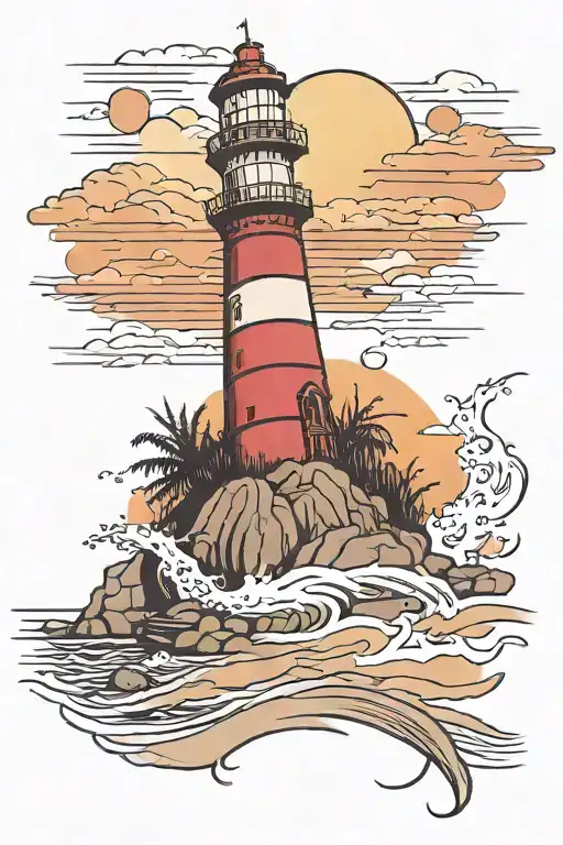 lighthouse on beach sunset tattoo design idea