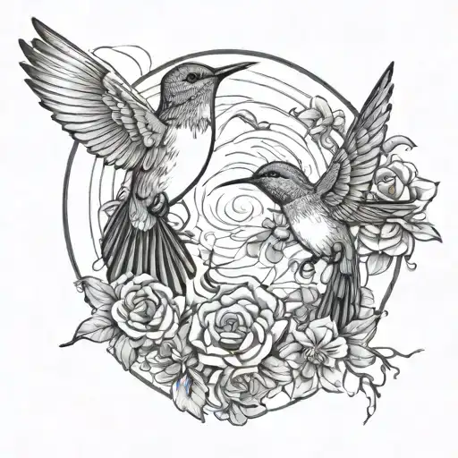 humming birds drinking while flying and with the number 666 tattoo design idea