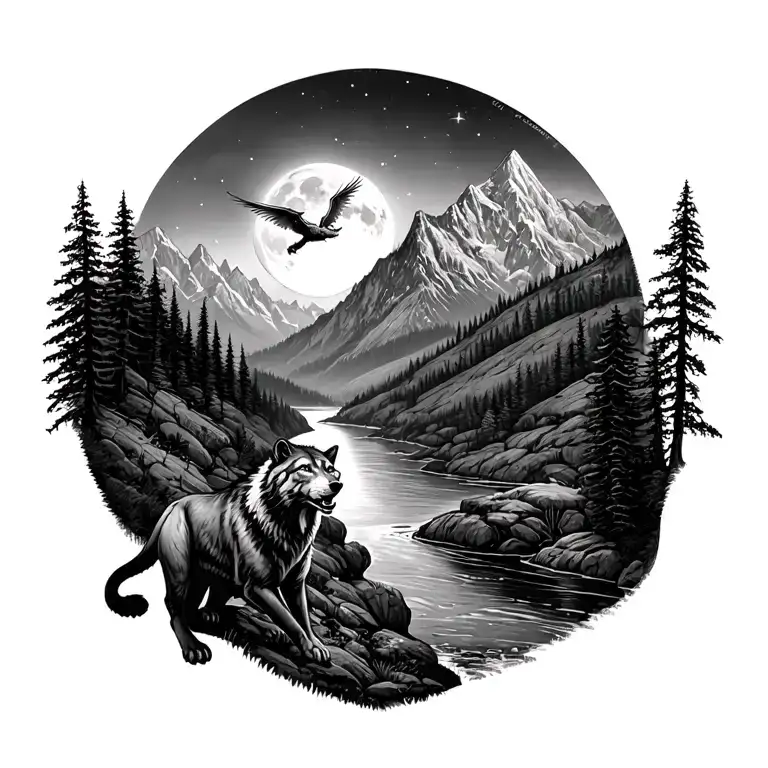 mountains on right forest on left river running between dragon flying towards moon panther in forest wolf on cliff tattoo design idea
