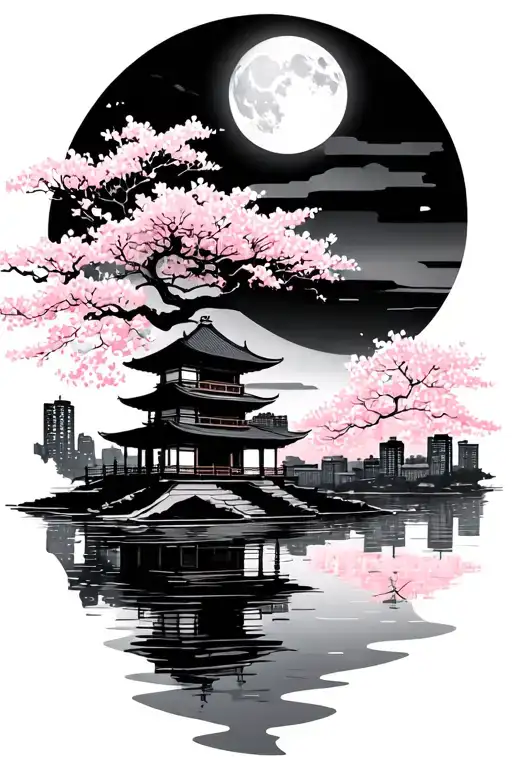 city silhouette on top of a japanese pagoda with cherry blossom tree and a river reflecting the moon tattoo design idea