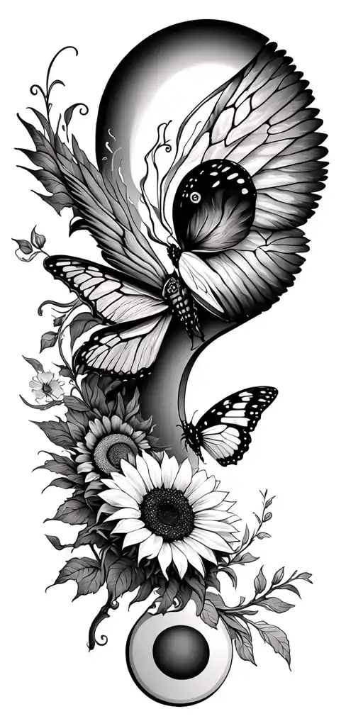 Moth, Sunflower, Butterfly, Semicolon, Aquatofana, Medusa, Phoenix, :):, Sun Key on a full sleeve tattoo design idea
