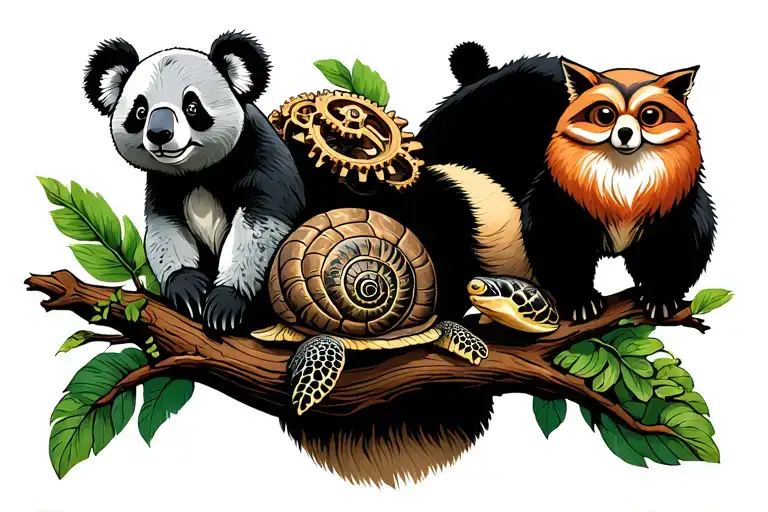 panda as the focal point. A koala in a tree, a fox, a bear, a snail with gears as the shell, an owl, and sea turtle tattoo design idea
