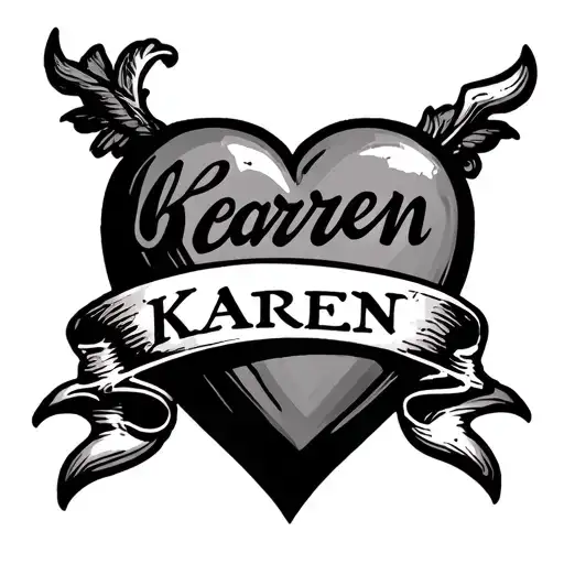 sailor jerry-style heart with banner around it with the name "KAREN" in the banner, surrounded by an outline of an old c tattoo design idea