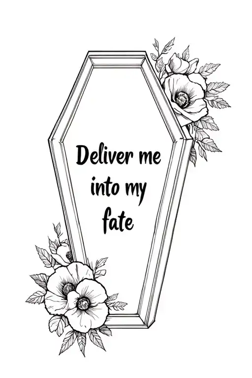 "Deliver me into my fate" simple line coffin outline, poppies and roses on left outside  tattoo design idea
