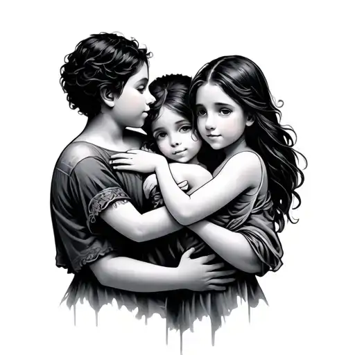 Mother hugs 2 sons and 1 daughter tattoo design idea