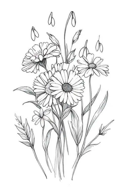 carnations, snowdrops, daisy, sweet pea, violet and primroses. tattoo design idea