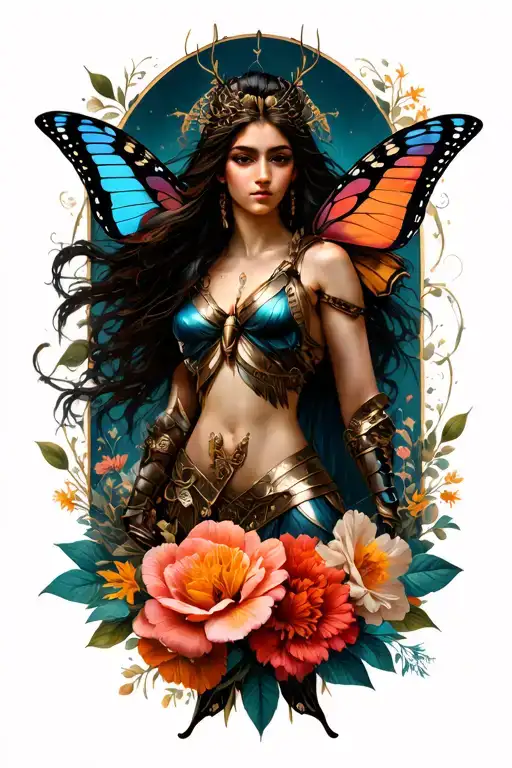 Sagittarius sign female warrior butterfly flowers intertwined tattoo design idea