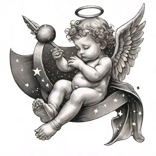 A whimsical scene of a baby angel playing with stars and moons in a black-grey style tattoo design idea