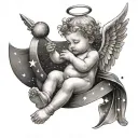 A whimsical scene of a baby angel playing with stars and moons in a black-grey style tattoo design idea