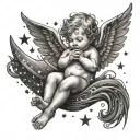 A whimsical scene of a baby angel playing with stars and moons in a black-grey style tattoo design idea
