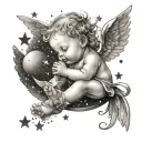 A whimsical scene of a baby angel playing with stars and moons in a black-grey style tattoo design idea