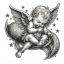 A whimsical scene of a baby angel playing with stars and moons in a black-grey style tattoo design idea