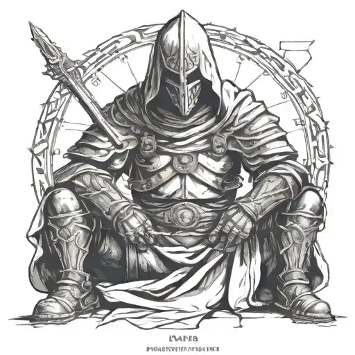 “A black-and-white illustration of a Templar knight with a hood, kneeling in a dynamic and gritty  tattoo design idea