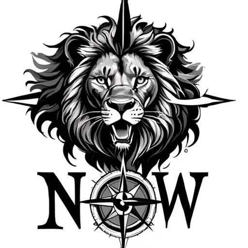 Create a tatoo with a Lion at the bavk a Compass infront with NESW around the compass but the N must be prominent.  tattoo design idea
