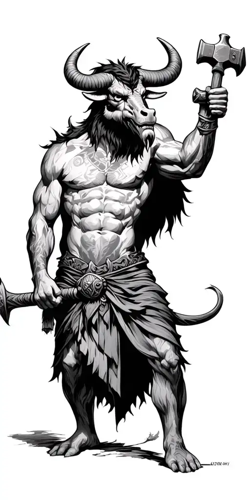 Minotaur legend standing guard with hammer tattoo design idea