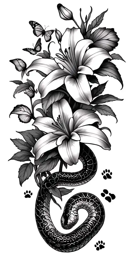  I want to add more tiger lilies and roses and similar flowers, butterflies, a snake, and dog and cat paw prints tattoo design idea