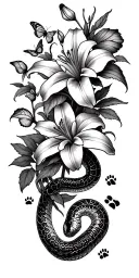  I want to add more tiger lilies and roses and similar flowers, butterflies, a snake, and dog and cat paw prints tattoo design idea