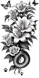  I want to add more tiger lilies and roses and similar flowers, butterflies, a snake, and dog and cat paw prints tattoo design idea