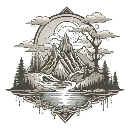 misty mountains with trees tattoo design idea