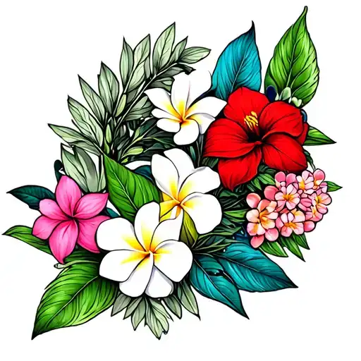 green ylang-ylang, white plumeria, red peacock flower and pink pacific basil wreath tattoo design idea