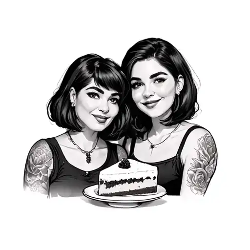 Two sisters one sister -in -law has one hair and a short hair and a cheesecake. tattoo design idea